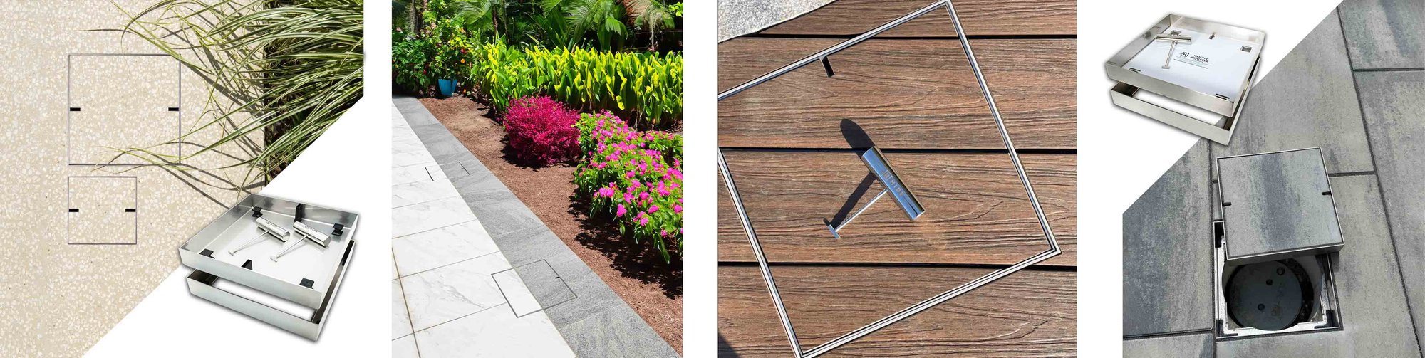 HIDE Access Covers insitu image at top of page showcasing HIDE Access Covers installed in various situations.