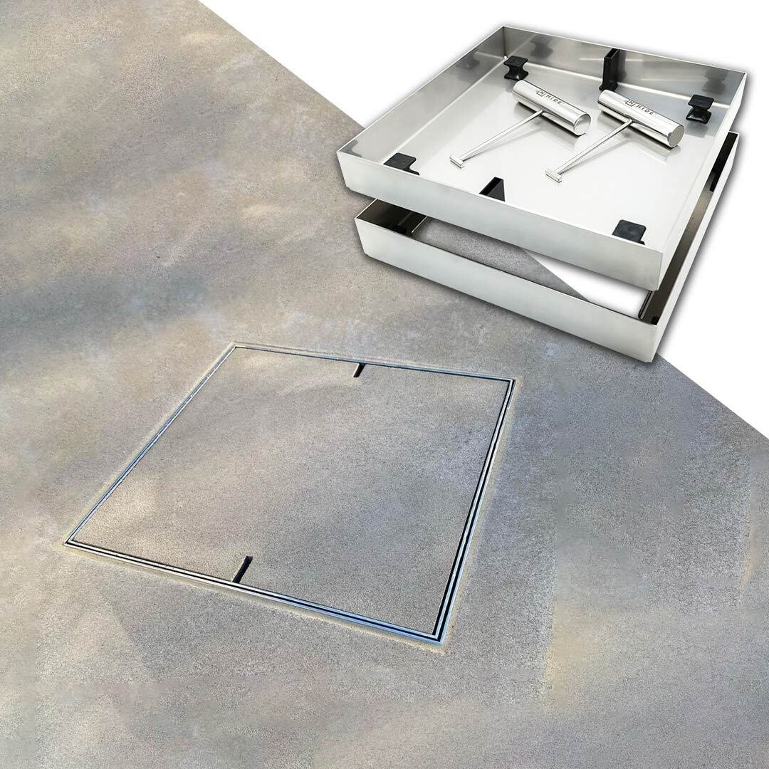 HIDE stainless steel Access Cover installed with grey concrete over service access point.