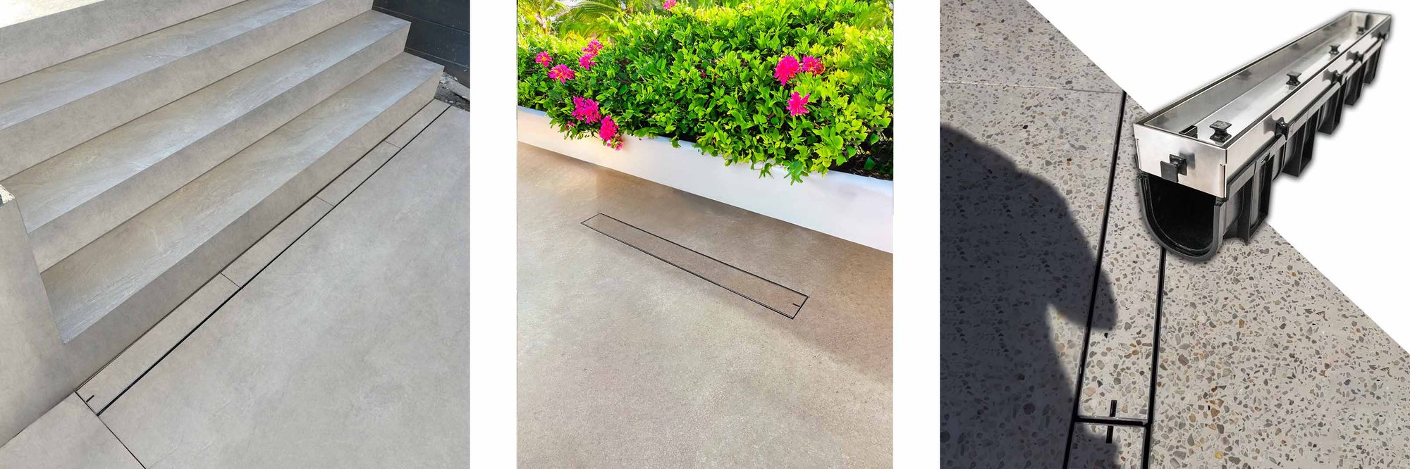HIDE stainless steel Concrete Linear Strip Drain Covers insitu top of page image
