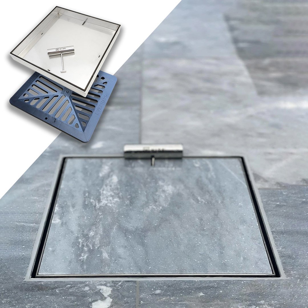 HIDE Drain Cover with grey tile inlay and HIDE safety lifting key