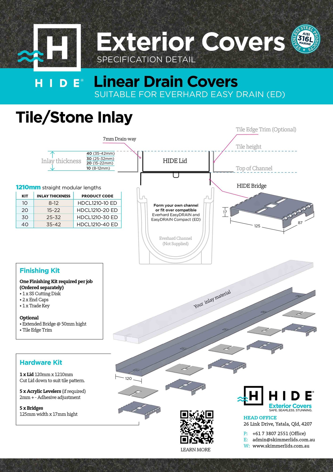 HIDE Tile Linear Strip Drain Cover compatible with Everhard Easy Drain drainage channel