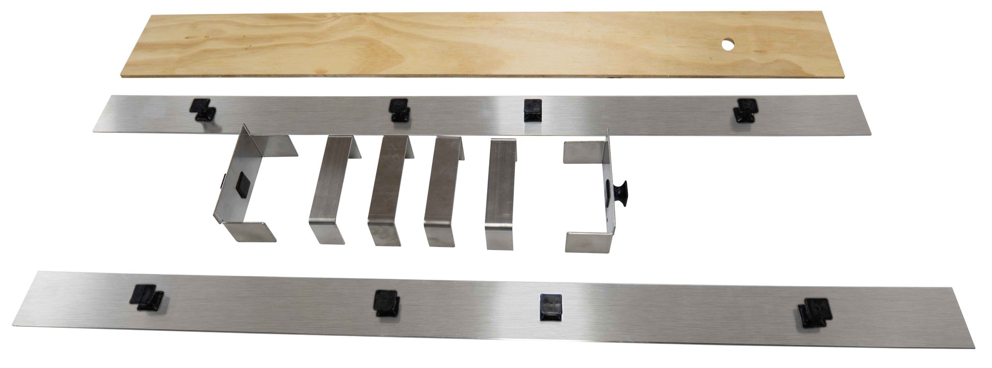 HIDE Concrete Linear Strip Drain Cover Cover formwork kit. Consists of spacers, end caps, edge protectors and plywood.