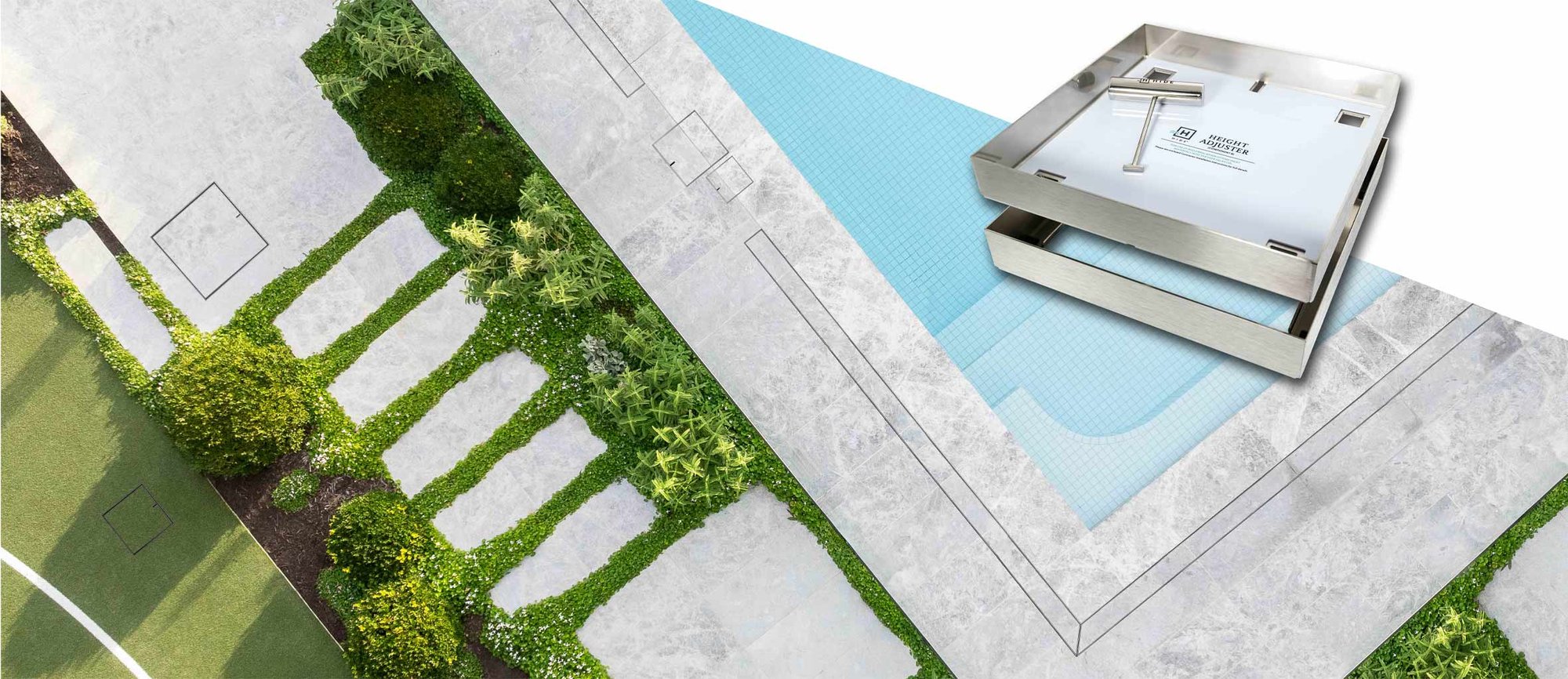 HIDE Exterior Covers, showcasing, HIDE Linear strip drain covers, access covers, skimmer lid & drain cover