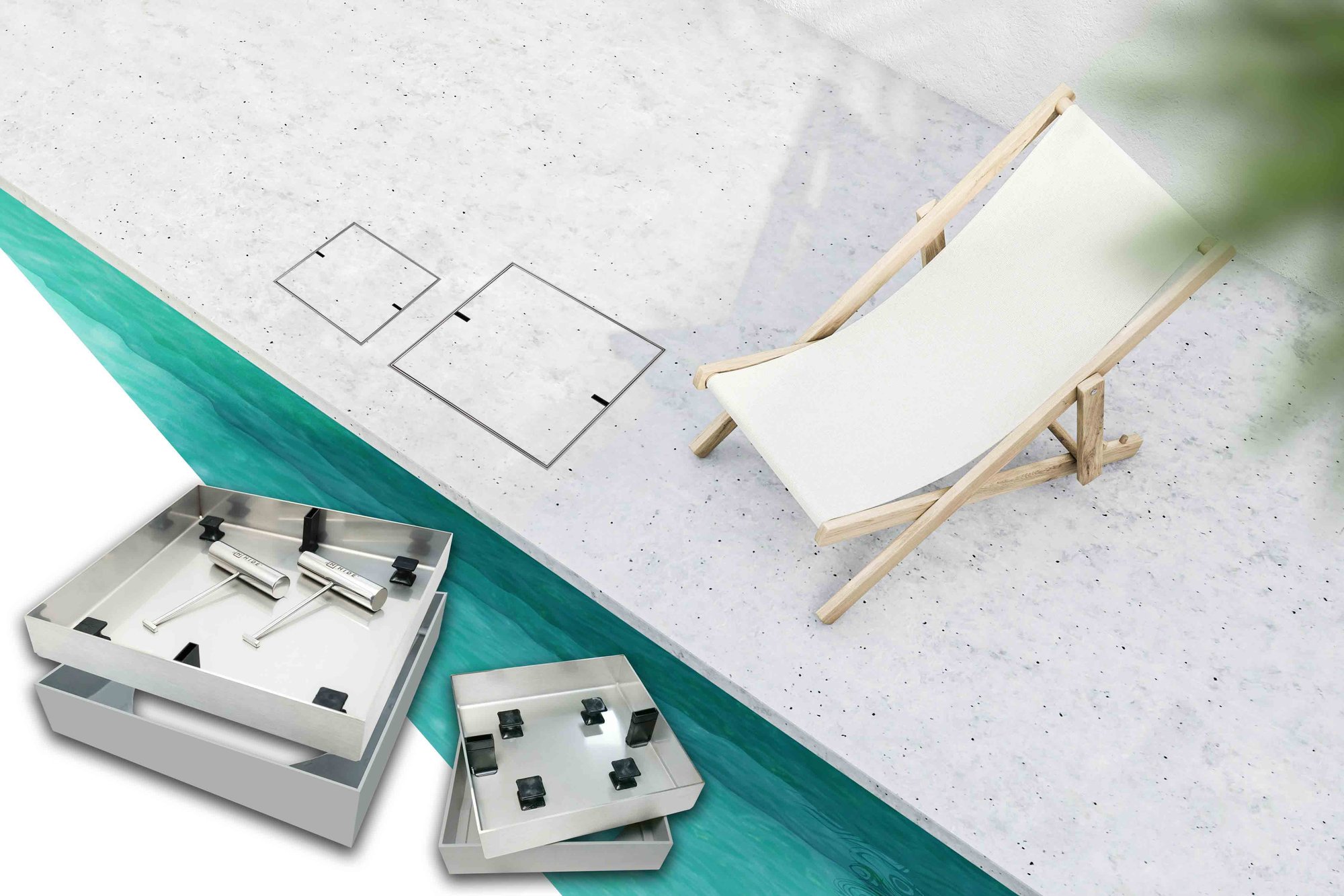 HIDE non conductive Concrete Polymer Skimmer Lid and Access Cover installed next to modern concrete swimming pool