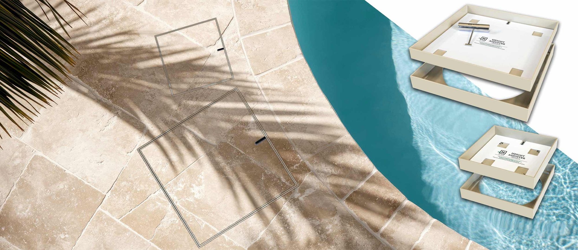 HIDE non conductive Full Polymer Skimmer Lid and Access Cover next to curved swimming pool