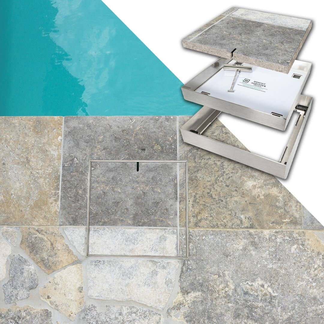 HIDE stainless steel Skimmer Cover installed flush with surrounding swimming pool tiling