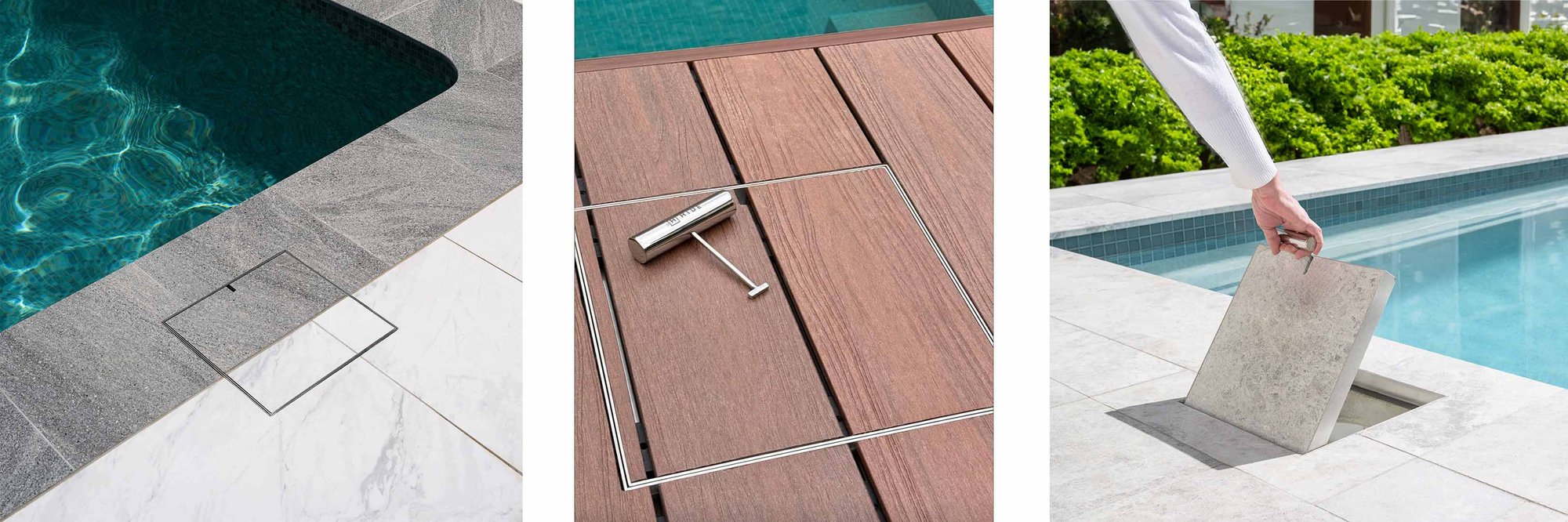 HIDE Skimmer Cover installed in tile and timber decking applications