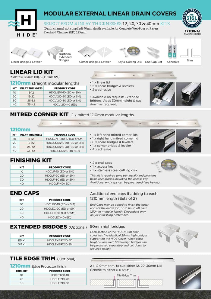 HIDE Tile Linear Strip Drain Cover technical ordering sheet