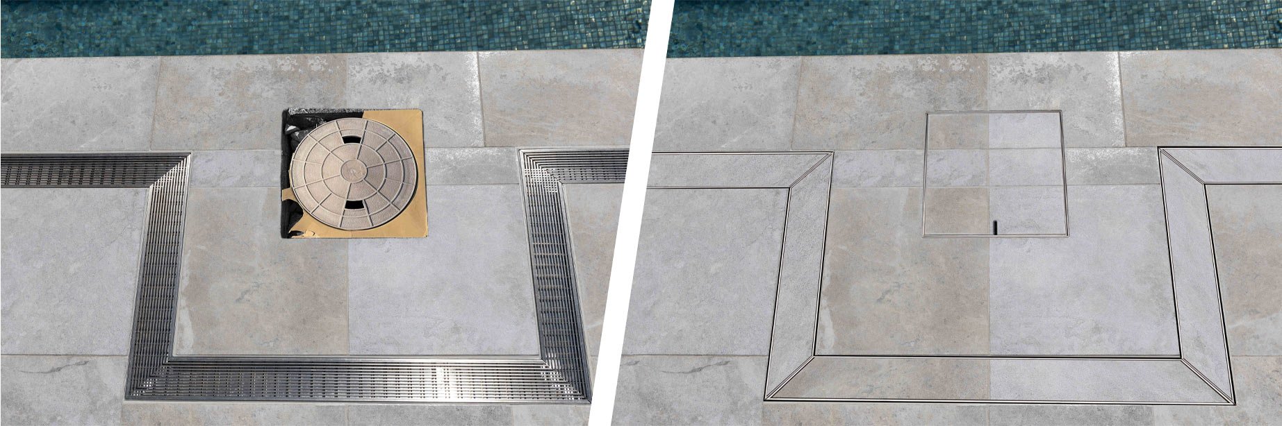 HIDE Tile Linear Strip Drain Cover and Skimmer Lid before and after.