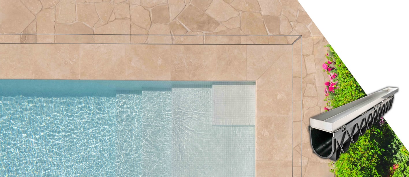 Stainless steel HIDE Tile Linear Strip Drain Cover with crazy pave inlay installed next to swimming pool