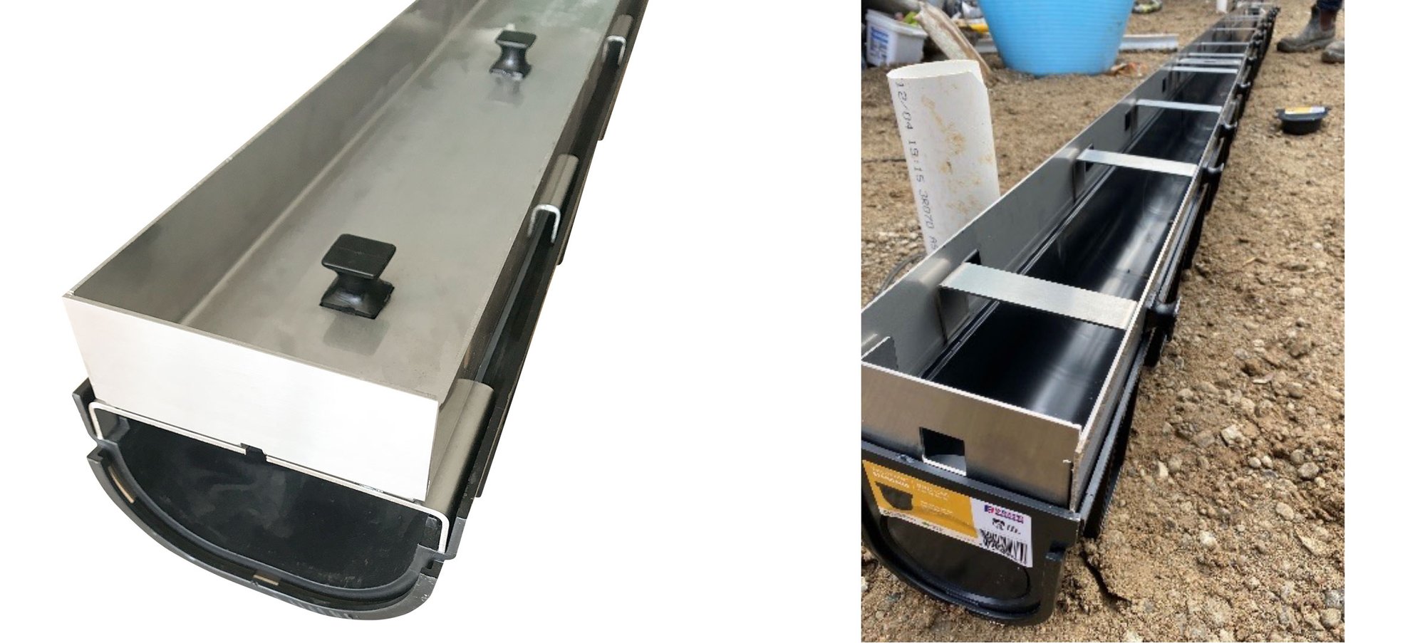 HIDE stainless steel Concrete Linear Strip Drain Cover hardware being installed.