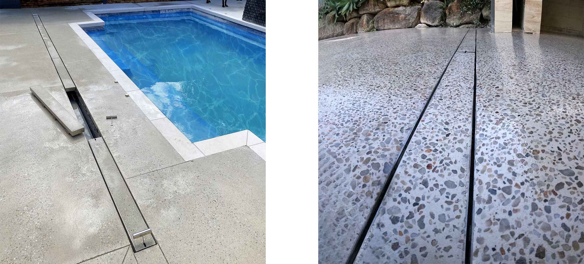 Stainless steel Concrete Linear Strip Drain Covers installed with concrete aggregate infill.