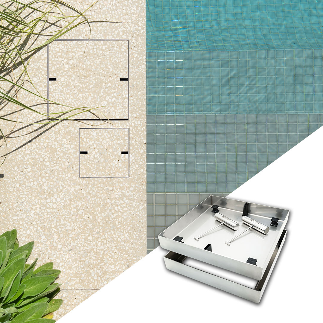 HIDE Skimmer Cover and Access Cover with exposed honed aggregate concrete inlay