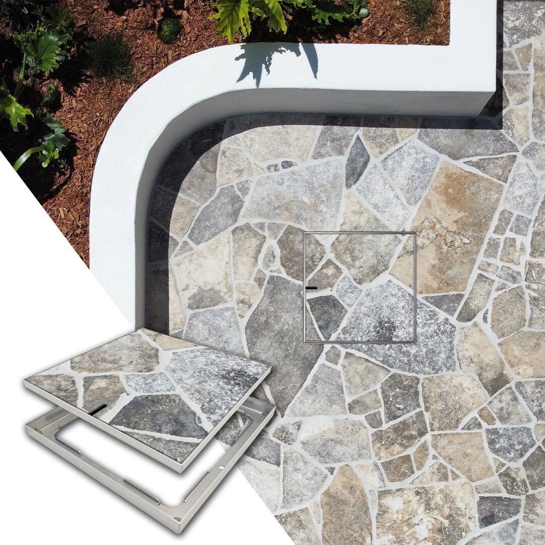 HIDE stainless steel 26" Access Cover with crazy pave stone inlay installed