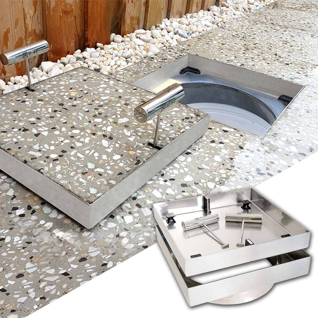 HIDE stainless steel Concrete Collar Skimmer Lid open to view recess frame with collar going into skimmer box.