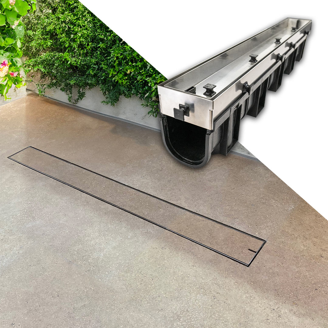 HIDE stainless steel Concrete Linear Strip Drain Cover with concrete infill installed under patio area.