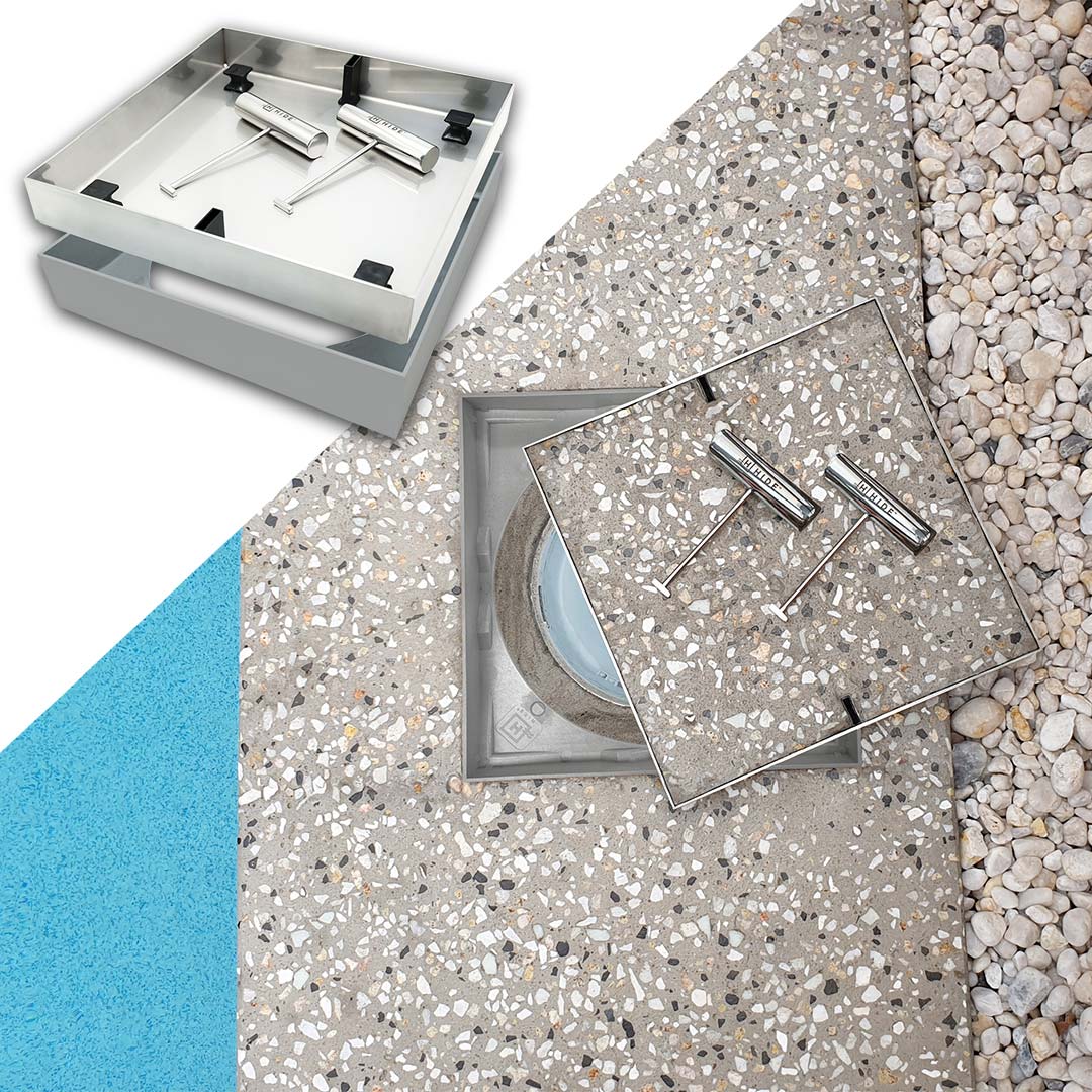 HIDE non conductive Ash Concrete Polymer Skimmer Lid installed with concrete honed aggregate concrete.