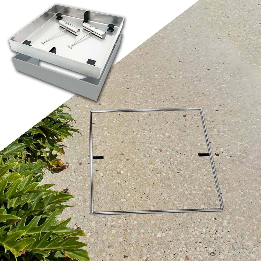HIDE Combination Concrete Skimmer Lid with non conductive Ash Polymer frame and durable stainless steel lid.