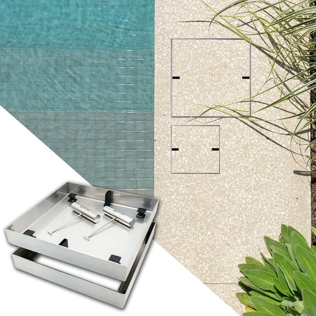 HIDE stainless steel Concrete Skimmer Lid and Access Cover installed with cream and white honed exposed concrete infill next to swimming pool.