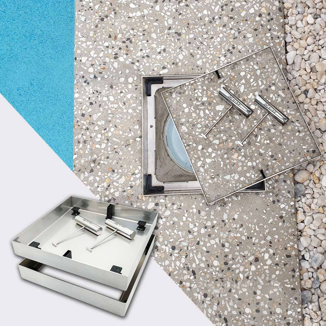 HIDE Concrete Skimmer Lid with lid open to view HIDE frame and skimmer box opening below.
