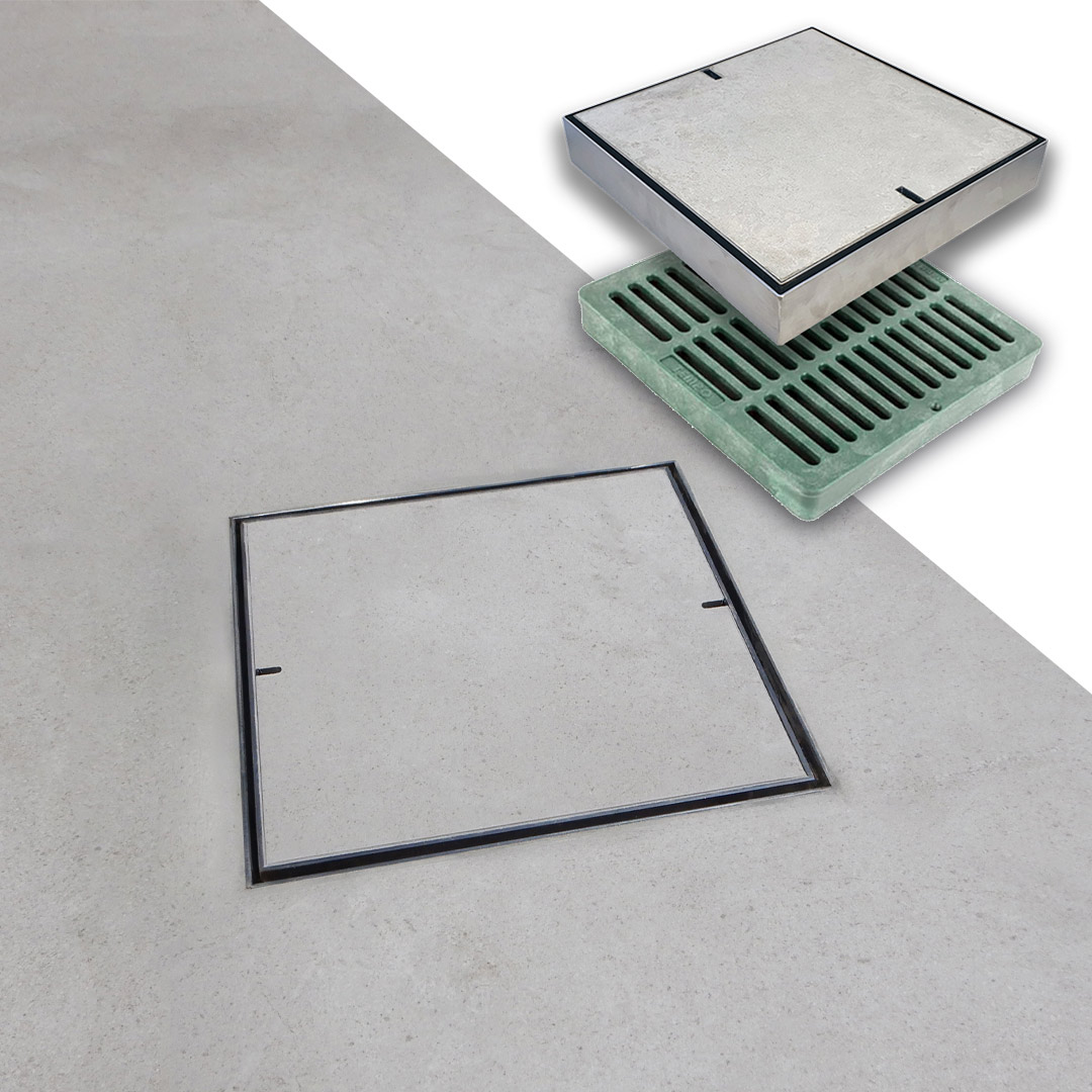 HIDE Concrete Drain Cover with concrete inlay and insitu hardware stack