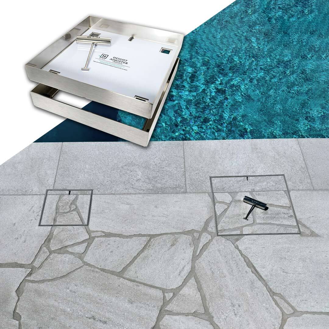 HIDE stainless steel Skimmer Lid and Access Cover with grey crazy pave inlay installed flush with surrounding tiles next to swimming pool.