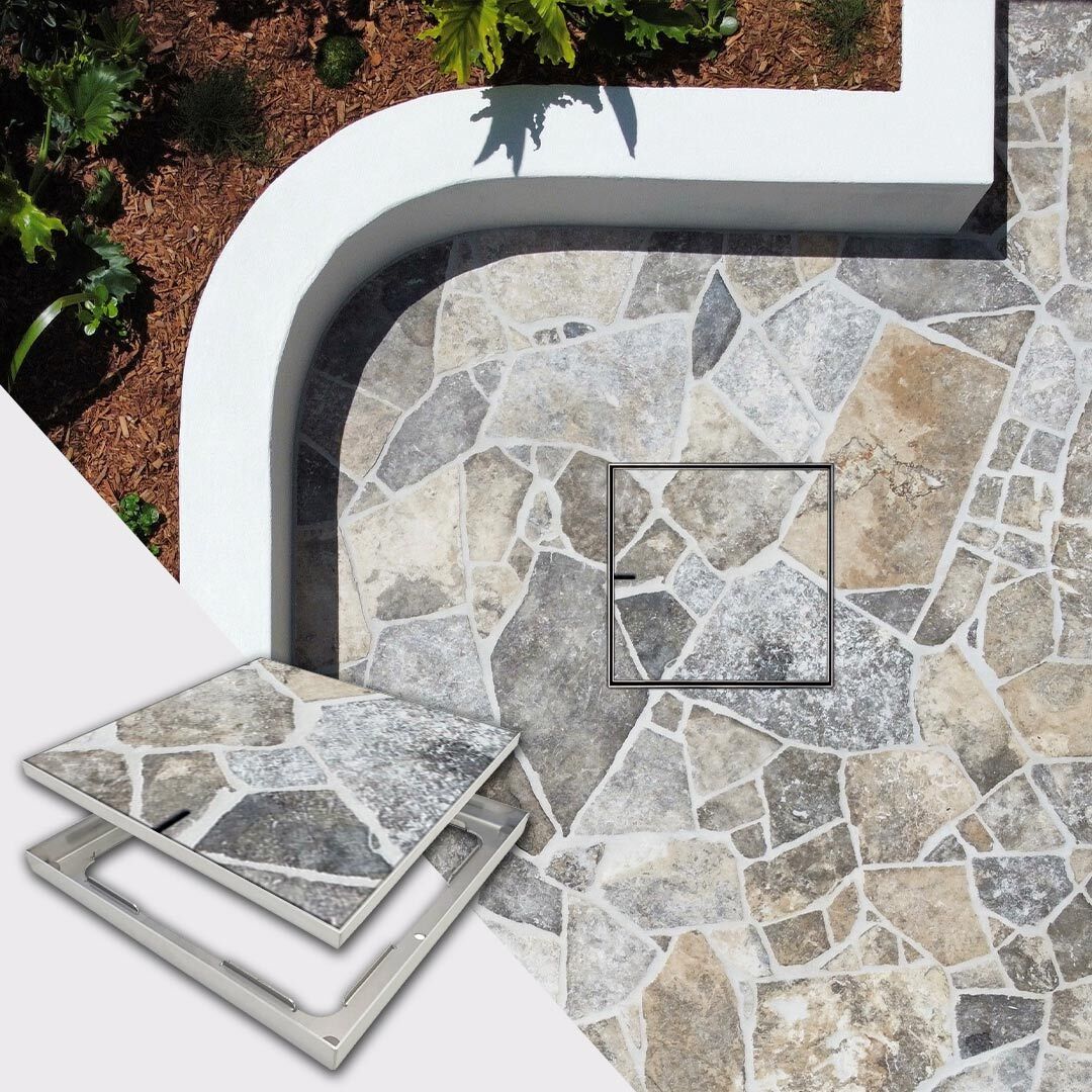 HIDE 26" Access Cover with crazy pave stone inlay installed in backyard patio area