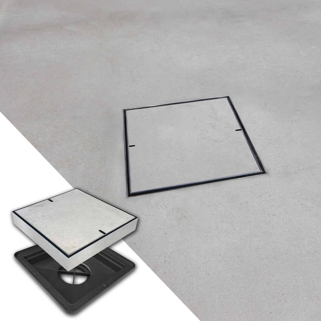 HIDE Concrete Drain Cover installed with concrete inlay.