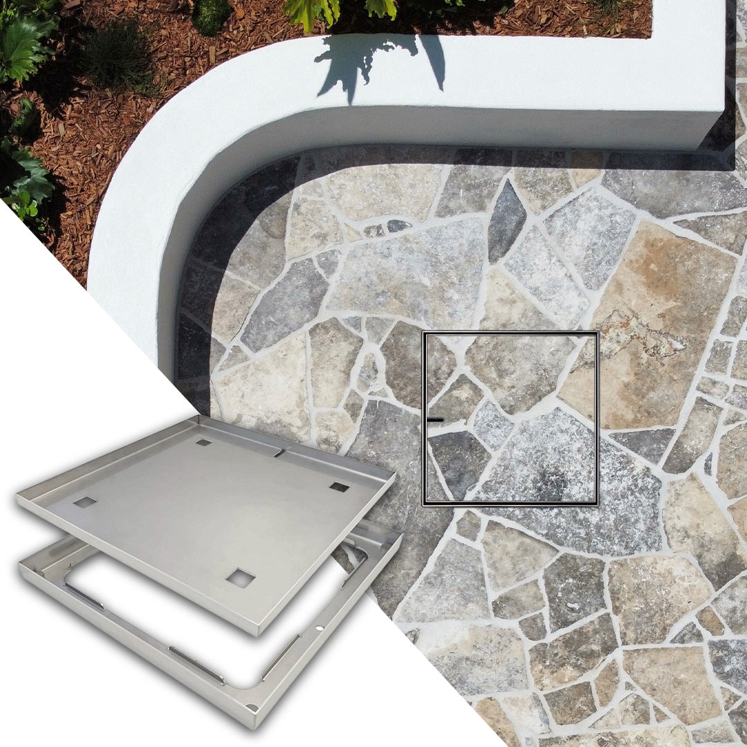 HIDE 656mm Drain Cover with crazy pave inlay, flush with the surrounding stone pattern.