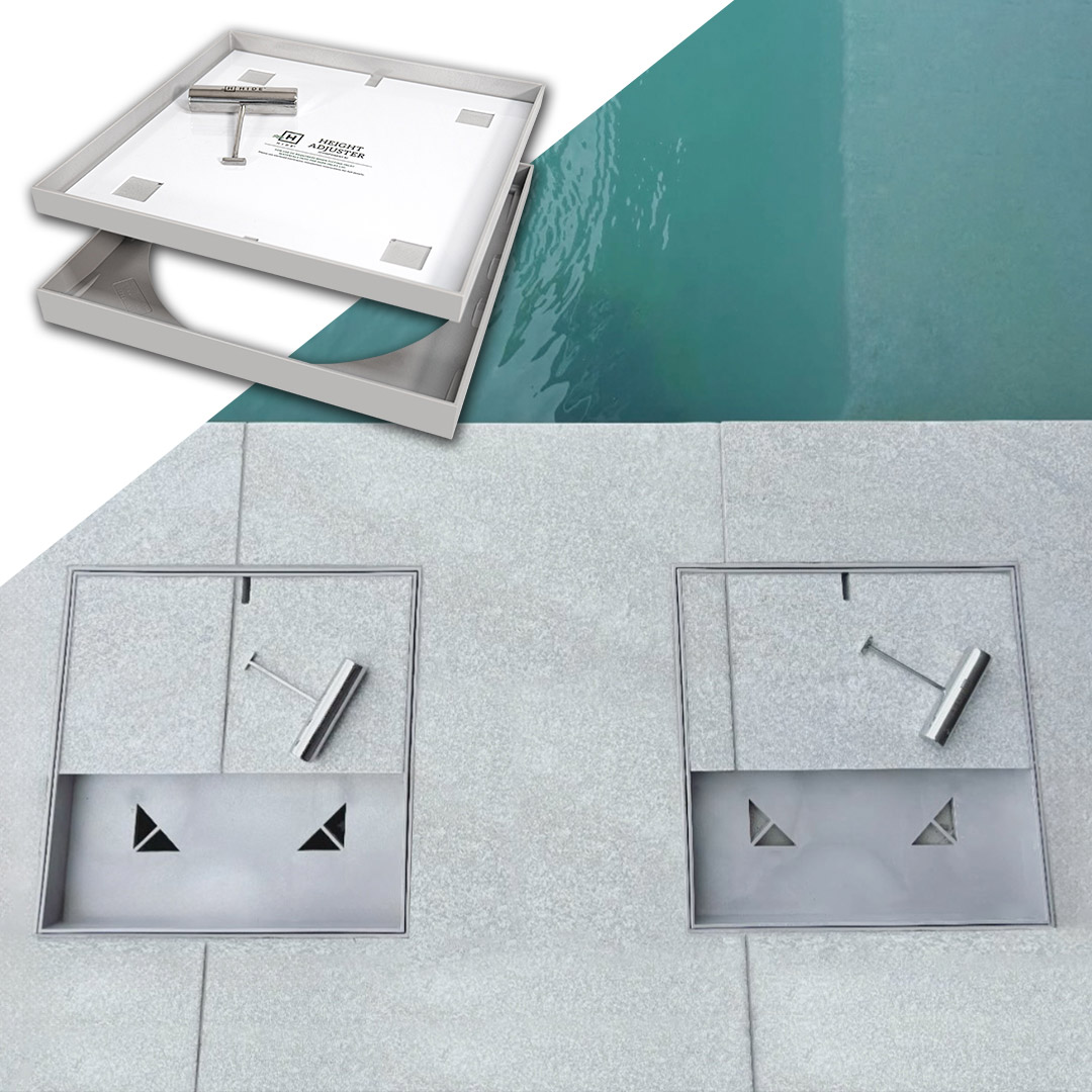 HIDE non conductive Full Polymer Skimmer Lid and Access Cover with grey tile inlay half installed to see polymer lid underneath