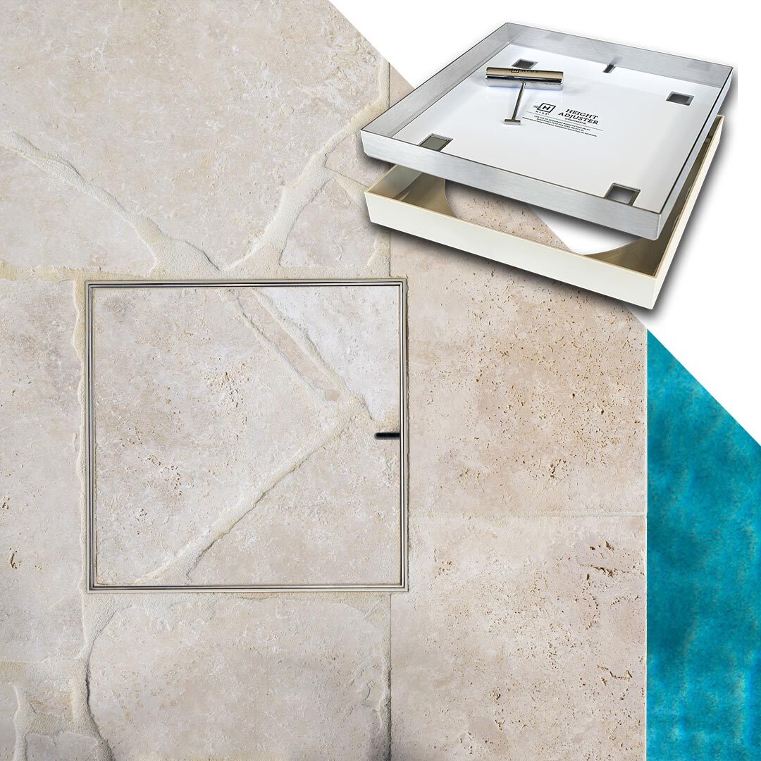 HIDE non conductive Full Polymer Skimmer Lid with cream tile inlay installed next to swimming pool