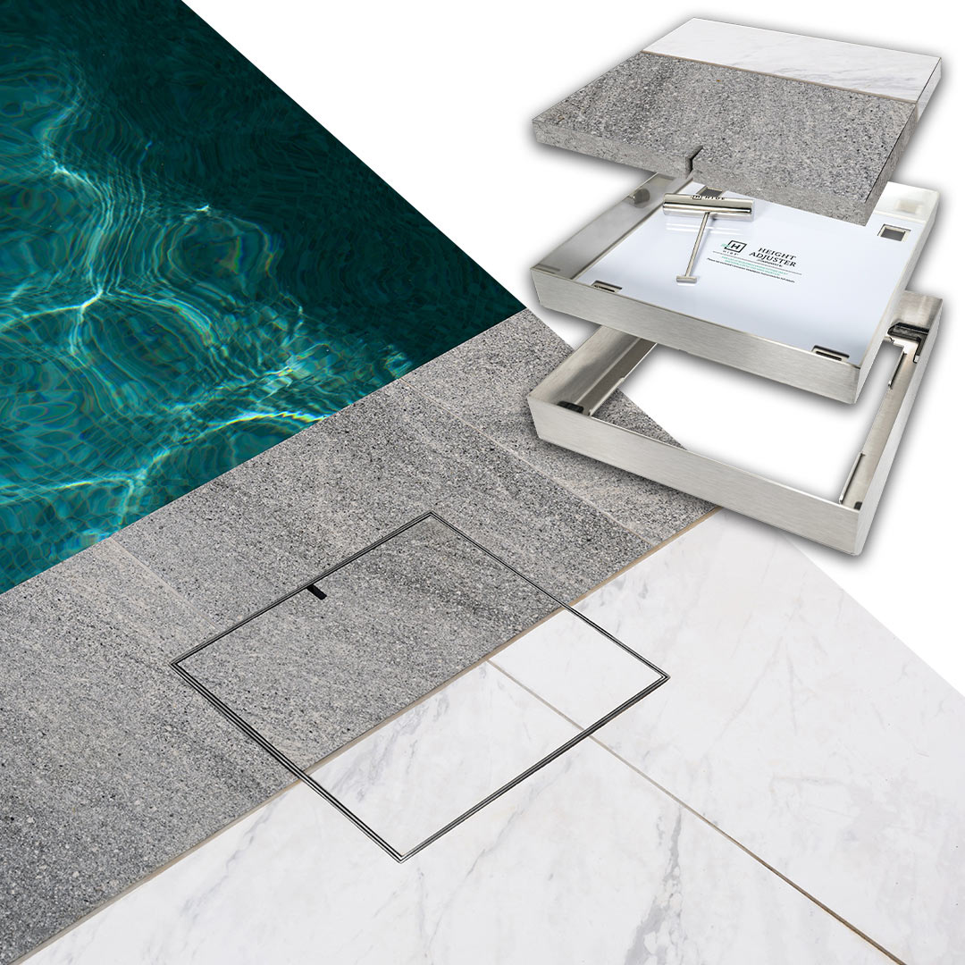 HIDE stainless steel Skimmer Lid with dual grey and white tile inlay next to swimming pool.