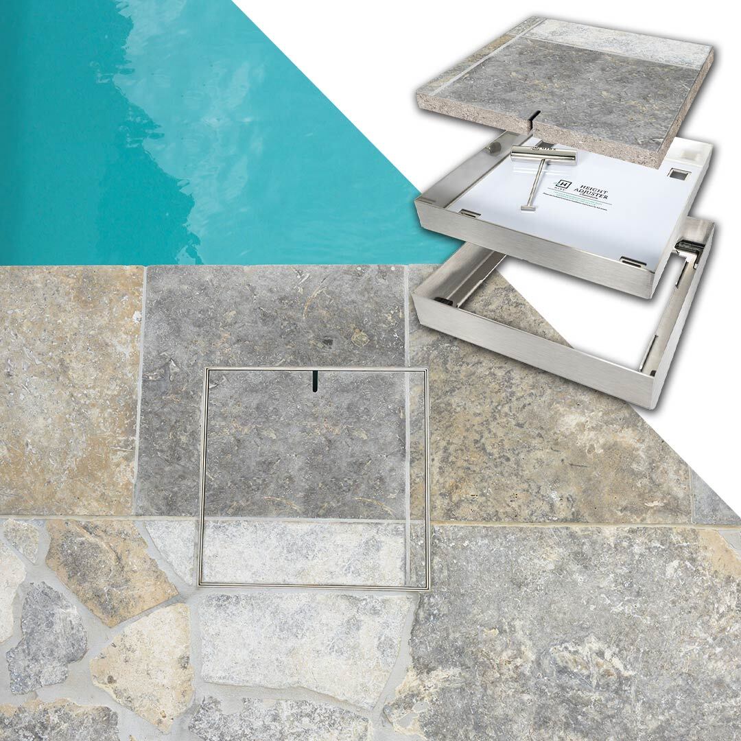 HIDE Skimmer Lid with tile and grout pattern continuing seamlessly through the cover.