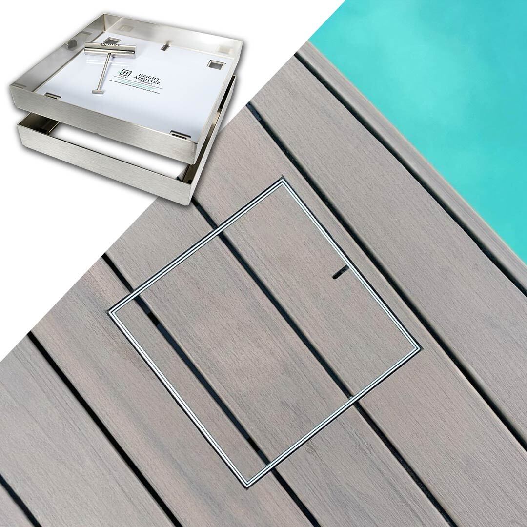 HIDE Skimmer Lid with timber decking inlay installed flush and seamless with surrounding decking.