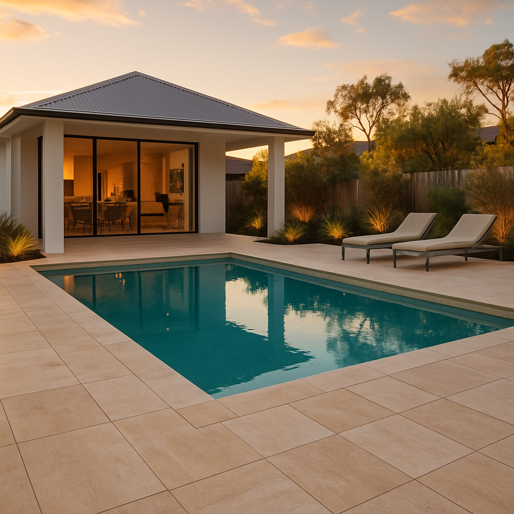 Golden-hour Australian luxury pool and terrace with seamless, flush stone-inset covers that make utilities invisible.