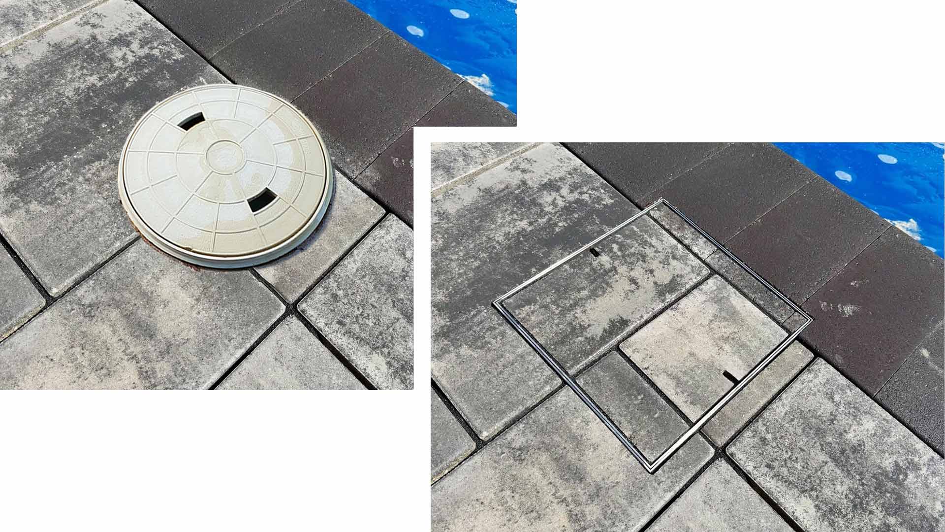 HIDE Skimmer Cover before and after showing traditional plastic skimmer cover vs a HIDE Skimmer Cover